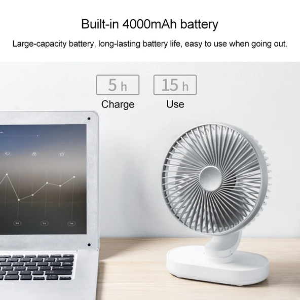 D77 4W Şarjlı Masaüstü Vantilatör Gümüş Mikro USB ve USB-C Tip C Dört Hız Ayarlı Otomatik Baş Sallama - 6
