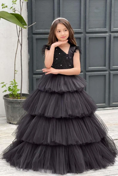 Kız Çocuk Gövdesi İnci Taş İşlemeli Kat Kat Tüllü Kolsuz Siyah Abiye - Resim 12