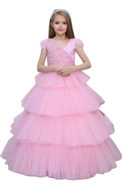 Kız Çocuk Gövdesi İnci Taş İşlemeli Kat Kat Tüllü Kolsuz Pembe Abiye - Resim 7