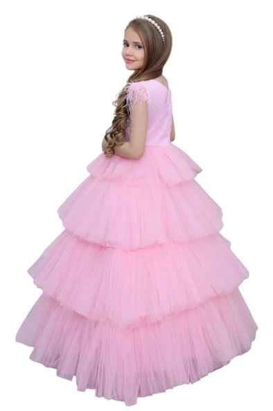 Kız Çocuk Gövdesi İnci Taş İşlemeli Kat Kat Tüllü Kolsuz Pembe Abiye - Resim 9