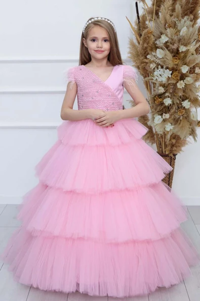 Kız Çocuk Gövdesi İnci Taş İşlemeli Kat Kat Tüllü Kolsuz Pembe Abiye - Resim 10