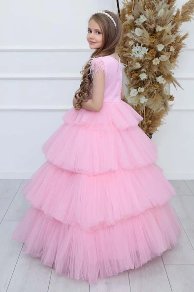 Kız Çocuk Gövdesi İnci Taş İşlemeli Kat Kat Tüllü Kolsuz Pembe Abiye - Resim 4