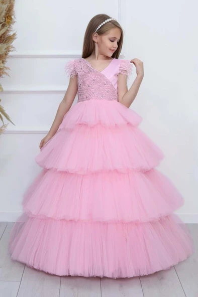 Kız Çocuk Gövdesi İnci Taş İşlemeli Kat Kat Tüllü Kolsuz Pembe Abiye - Resim 2