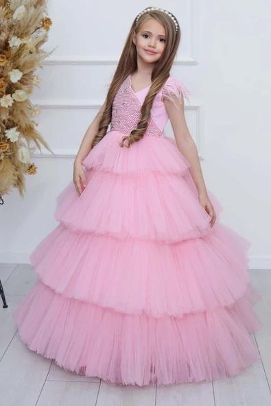 Kız Çocuk Gövdesi İnci Taş İşlemeli Kat Kat Tüllü Kolsuz Pembe Abiye - Resim 12