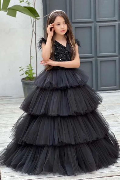 Kız Çocuk Gövdesi İnci Taş İşlemeli Kat Kat Tüllü Kolsuz Siyah Abiye - Resim 10