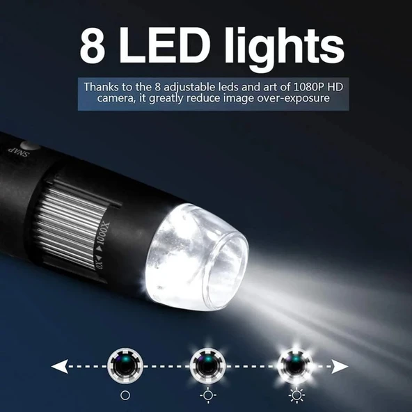 1600X Büyütmeli HD Görüntü Sensörlü 3 in 1 USB Dijital Mikroskop 8 LED ve Profesyonel Stand Siyah - 6
