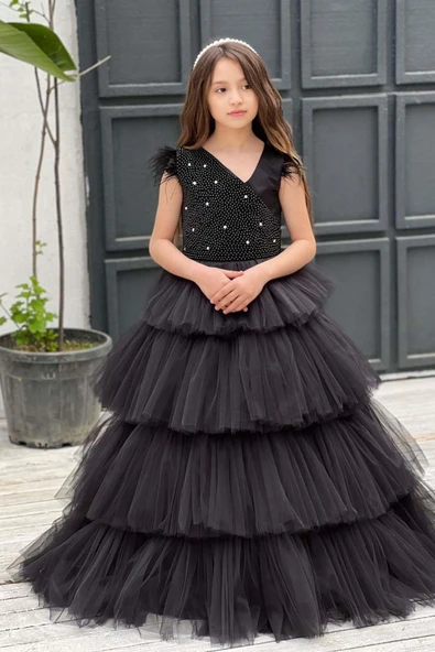 Kız Çocuk Gövdesi İnci Taş İşlemeli Kat Kat Tüllü Kolsuz Siyah Abiye - Resim 11