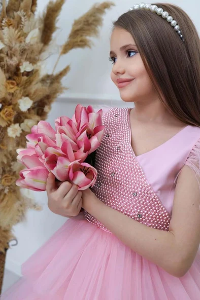 Kız Çocuk Gövdesi İnci Taş İşlemeli Kat Kat Tüllü Kolsuz Pembe Abiye - Resim 5