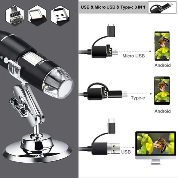 1600X Büyütmeli HD Görüntü Sensörlü 3 in 1 USB Dijital Mikroskop 8 LED ve Profesyonel Stand Siyah - 5