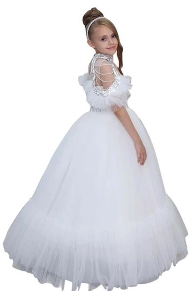 Kız Çocuk Göğsü Simli Jakar Detaylı Çıkarılabilir Yaka Omuzları İncili Kolsuz Beyaz Abiye - Resim 8