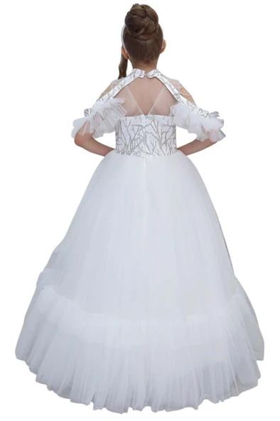 Kız Çocuk Göğsü Simli Jakar Detaylı Çıkarılabilir Yaka Omuzları İncili Kolsuz Beyaz Abiye - Resim 7