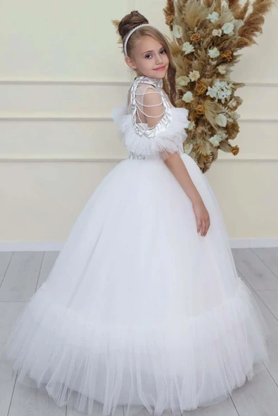 Kız Çocuk Göğsü Simli Jakar Detaylı Çıkarılabilir Yaka Omuzları İncili Kolsuz Beyaz Abiye - Resim 11