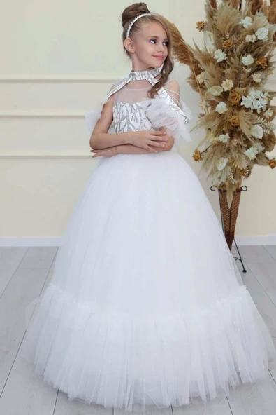 Kız Çocuk Göğsü Simli Jakar Detaylı Çıkarılabilir Yaka Omuzları İncili Kolsuz Beyaz Abiye - Resim 10