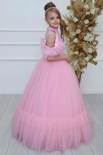 Kız Çocuk Göğsü Simli Jakar Detaylı Çıkarılabilir Yaka Omuzları İncili Kolsuz Pembe Abiye - Resim 10