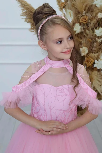 Kız Çocuk Göğsü Simli Jakar Detaylı Çıkarılabilir Yaka Omuzları İncili Kolsuz Pembe Abiye - Resim 12