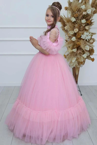 Kız Çocuk Göğsü Simli Jakar Detaylı Çıkarılabilir Yaka Omuzları İncili Kolsuz Pembe Abiye - Resim 11