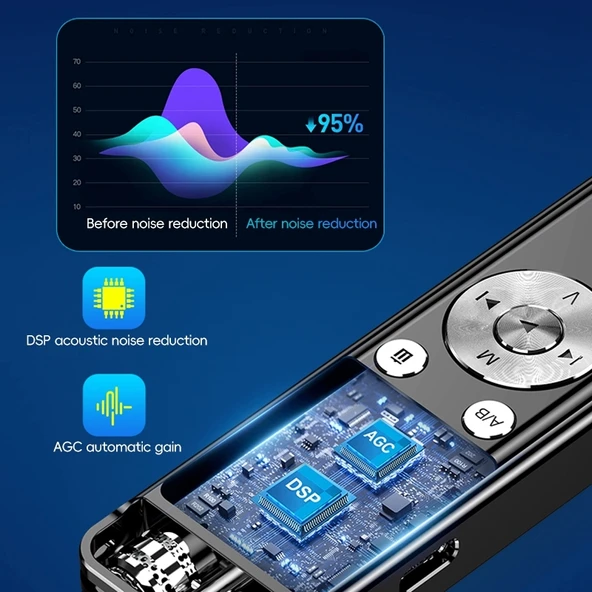 ZD43B Yönlü Çift Mikrofonlu Akıllı Gürültü Engelleme Ses Kaydedici 64GB Siyah - 5