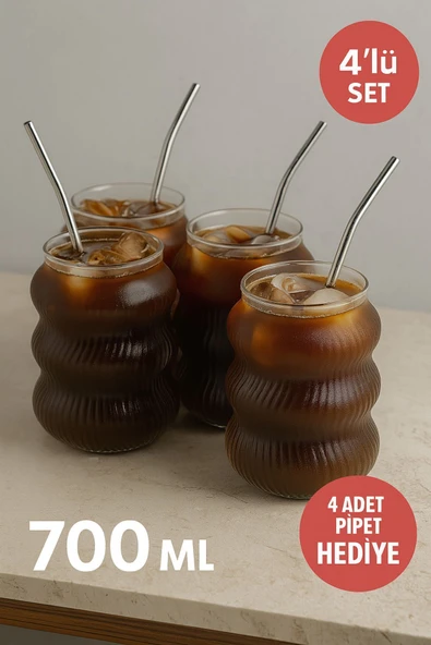 4’lü Set Cam Buzlu Soğuk Kahve Bardağı + Cam Pipet Hediyeli 700 ml - 3