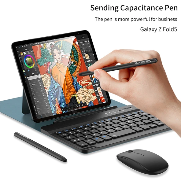 Samsung Galaxy Z Fold5 Uyumlu Kahverengi Bluetooth Klavye Kalem Mouse Kılıf Seti - 3