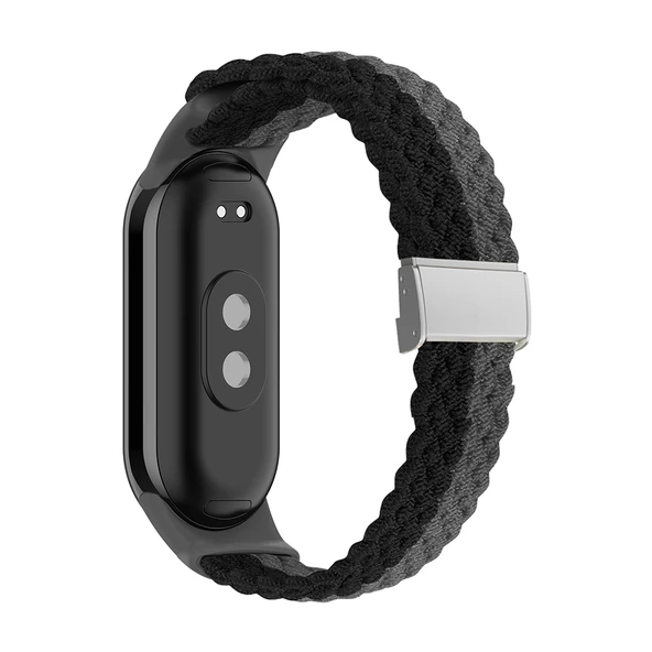 Xiaomi Mi Band 8 Ayarlanabilir Naylon Örgülü Çelik Tokalı Saat Kayışı Siyah Gri