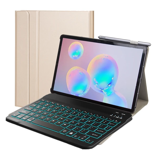 Lenovo Smart Tab M10 HPD Plus TB X606F 103 Inç 2si1 Arada Çıkarılabilir Manyetik ABS Bluetooth Klavye ve Koruyucu Deri Tablet Kılıfı Standlı Uyku ve Kalemlikli Altın