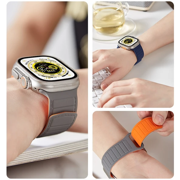 Apple Watch Ultra 49mm Manyetik Silikon Kordon Kahve Siyah - 7