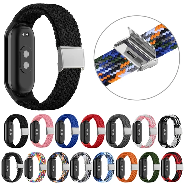 Xiaomi Mi Band 8 Ayarlanabilir Naylon Örgülü Çelik Tokalı Saat Kayışı Siyah Gri - 4