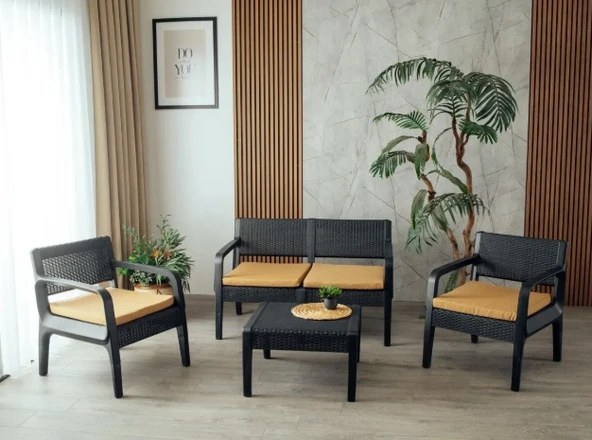 Lüx Sofia 4 Kişilik Minderli Sehpalı Raddan Bahçe Balkon Teras Ergonomik  Oturma Grubu 2 +1+1 - 4