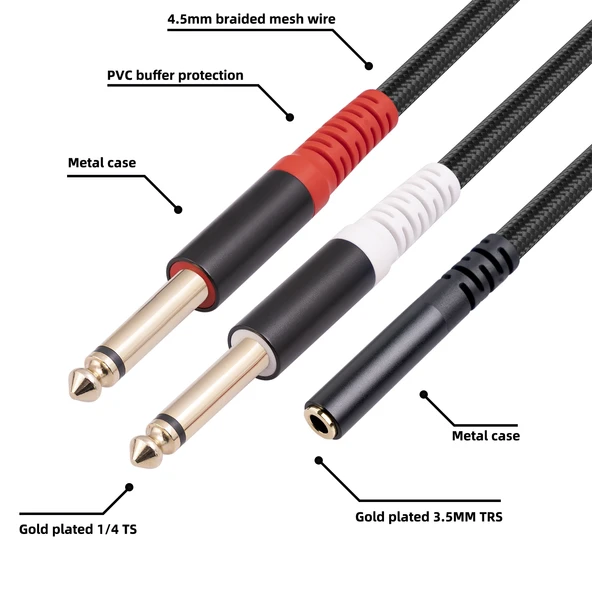 3.5mm Dişi to 2 x 6.35mm Erkek Stereo Ses Kablosu 30cm - 3