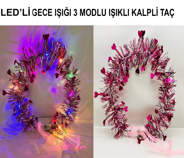Kalp Püsküllü 3 Modlu LED Işıklı Taç Fuşya Renk ürün görseli