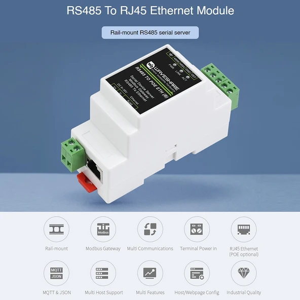 Waveshare Din Ray RS485 to RJ45 Seri Sunucu POE Fonksiyonlu - 4
