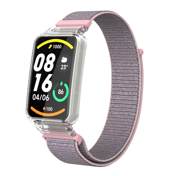 Xiaomi Mi Band 7 Pro Entegre PC Koruyucu Kılıf ve Pembe Naylon Döngü Saat Kayışı