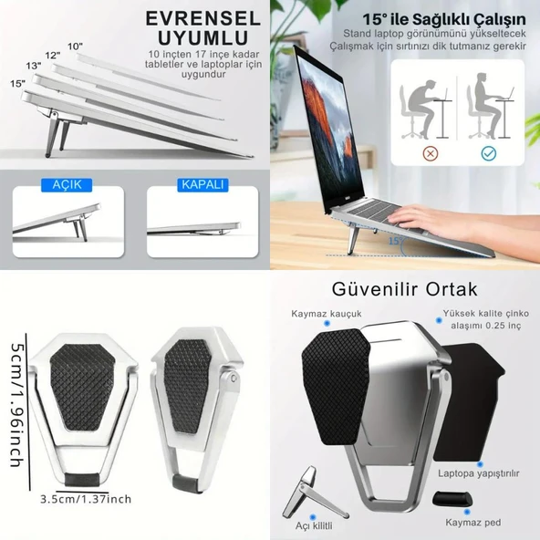 Polham Kaymaz Metal 2 adet 5MM 3M Yapışkanlı Katlanabilir Ultra Mini Laptop Standı,Portatif Taşınabilir - 4