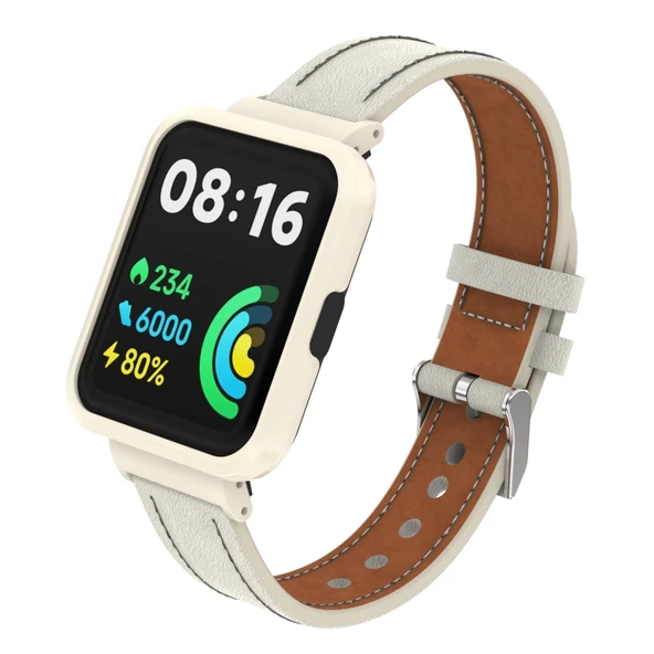 Xiaomi Redmi Watch 2 Deri Kayış Metal Kasa Entegre Sıcak Beyaz Kayış Krem Kasa