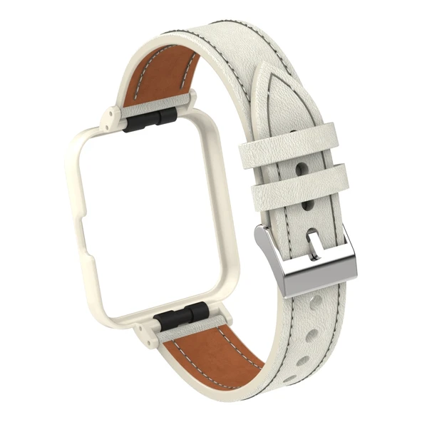 Xiaomi Redmi Watch 2 Deri Kayış Metal Kasa Entegre Sıcak Beyaz Kayış Krem Kasa - 5