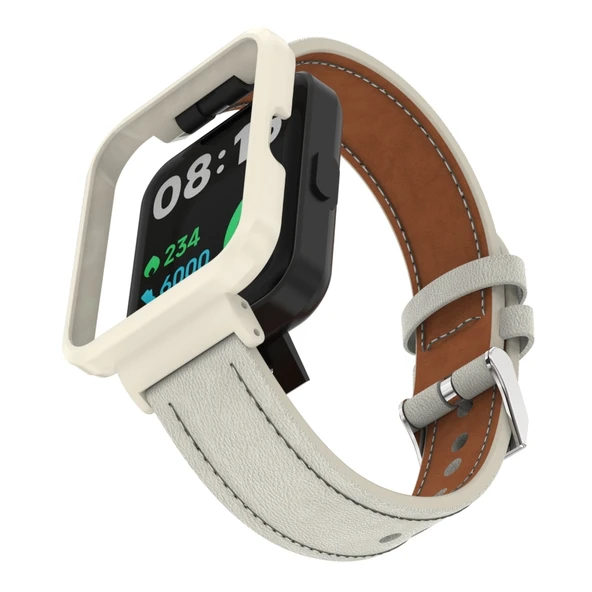 Xiaomi Redmi Watch 2 Deri Kayış Metal Kasa Entegre Sıcak Beyaz Kayış Krem Kasa - 3