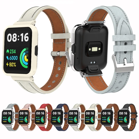 Xiaomi Redmi Watch 2 Deri Kayış Metal Kasa Entegre Sıcak Beyaz Kayış Krem Kasa - 6