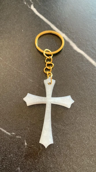 Sedefli Beyaz Renkli Haç ve Kılıç Şekil Gold Aksesuarlı Anahtarlık  El Yapımı Epoksi Hediyelik - Resim 8