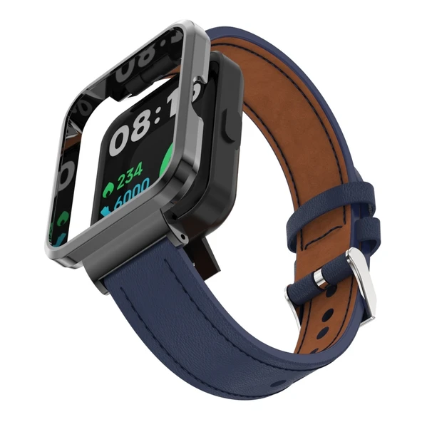 Xiaomi Redmi Watch 2 Lite Hakiki Deri Metal Kasa Entegre Kordon Koyu Mavi - 3