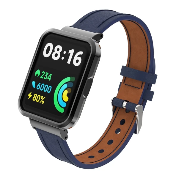 Xiaomi Redmi Watch 2 Lite Hakiki Deri Metal Kasa Entegre Kordon Koyu Mavi