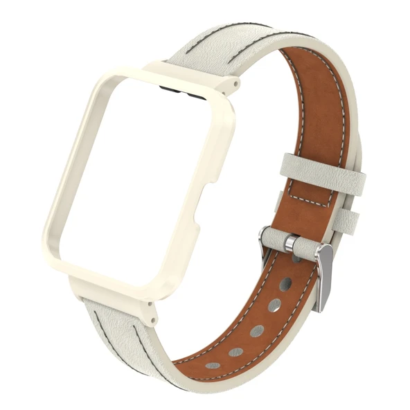 Xiaomi Redmi Watch 2 Deri Kayış Metal Kasa Entegre Sıcak Beyaz Kayış Krem Kasa - 2