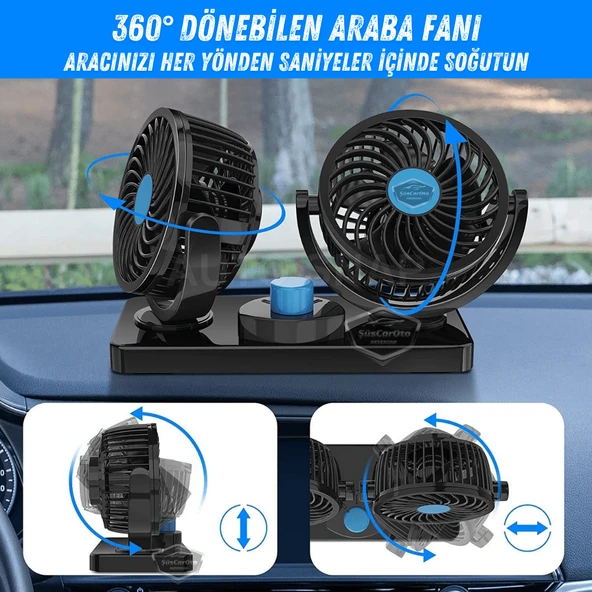 Üniversal Oto Ofis Araç İçi Torpido Üstü Vantilatör Çift Başlıklı Çakmaklık Girişli 2 Kademeli Soğutucu Fan 360° Dönebilen Ultra Sessiz Araç Fanı 12V Mavi - 4
