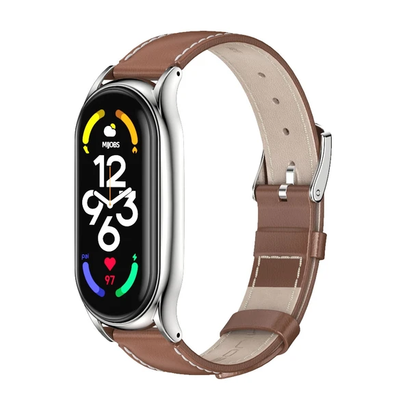 Xiaomi Mi Band 7 ve 7 NFC Uyumlu MIJOBS Plus Hakiki Deri Saat Kayışı Kahverengi Gümüş