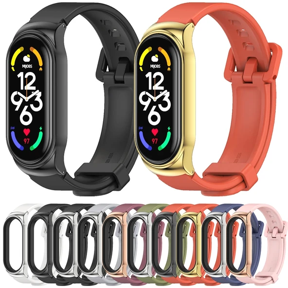 Xiaomi Mi Band 7 ve 7 NFC Uyumlu MIJOBS CS Metal Kasa ve Silikon Saat Kayışı Şarap Gül Altın - 3