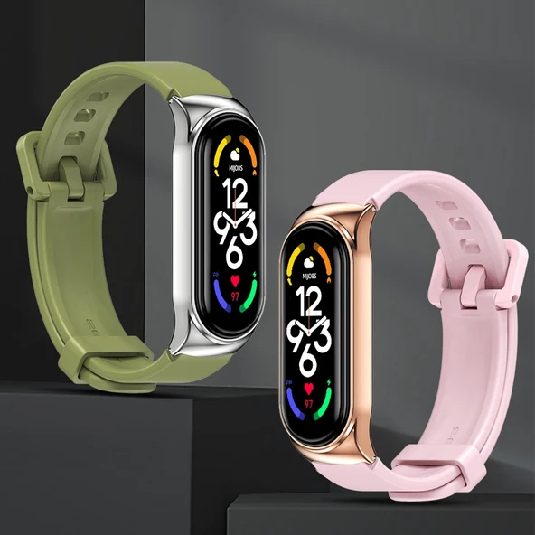 Xiaomi Mi Band 7 ve 7 NFC Uyumlu MIJOBS CS Metal Kasa ve Silikon Saat Kayışı Şarap Gül Altın - 4