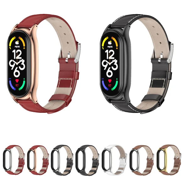 Xiaomi Mi Band 7 ve 7 NFC Uyumlu MIJOBS Plus Hakiki Deri Saat Kayışı Kahverengi Gümüş - 3