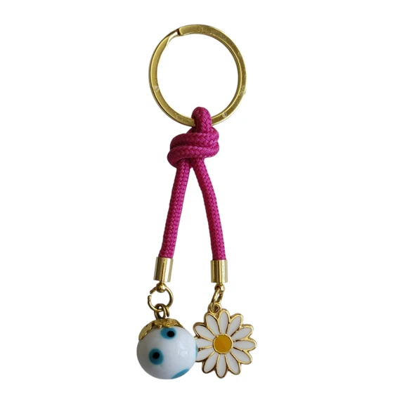 Beyaz Toplu Papatyalı İp Anahtarlık