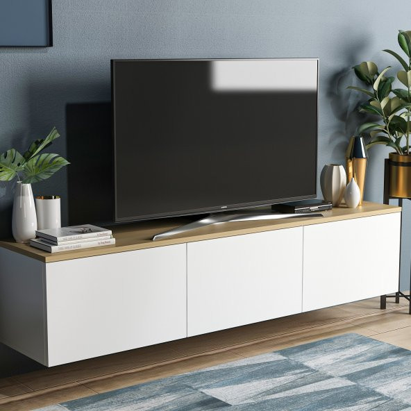 BMdekor TV Sehpası Duvara Asma Norm Meşe Beyaz 160 cm - 2