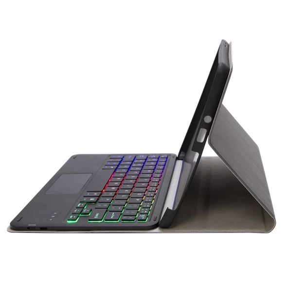 SFGO AS Ağaç Dokulu Arkadan Aydınlatmalı Bluetooth Klavyeli Deri Kılıf Touchpadli Microsoft Surface Go 4 3 2 1 Siyah - 5