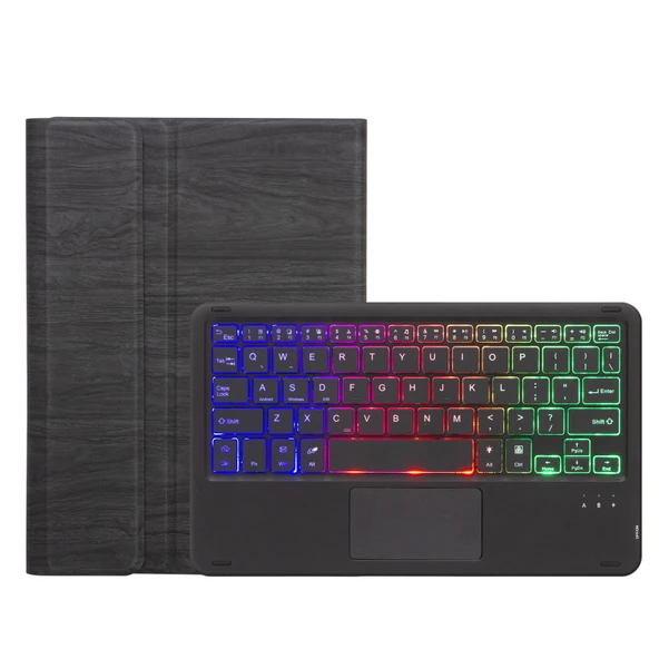 SFGO AS Ağaç Dokulu Arkadan Aydınlatmalı Bluetooth Klavyeli Deri Kılıf Touchpadli Microsoft Surface Go 4 3 2 1 Siyah - 2